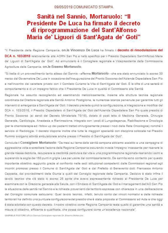 Il Presidente De Luca ha firmato il decreto di riprogrammazione del Sant'Alfonso Maria de' Liguori di Sant'Agata de' Goti